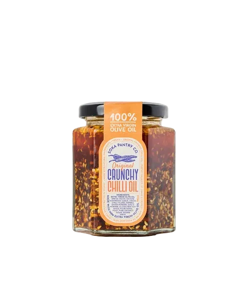 Jar of crunchy chilli oil with a label on a white background