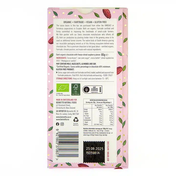 Organic Dark Chocolate Raspberries In Dark 80g BENNETTO - Image 2